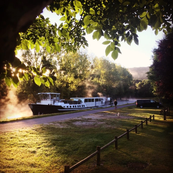 Grand Victoria moored on the Burgundy canal in the morning light